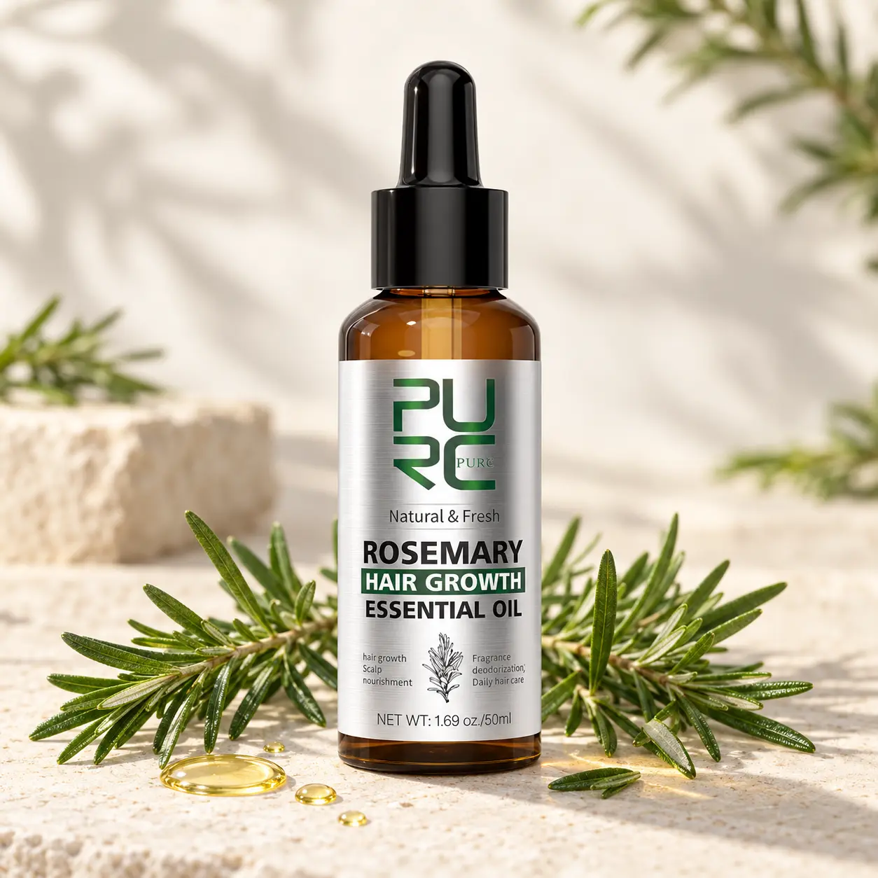 PURC Rosemary Hair Growth Essential Oil bottle with fresh rosemary sprigs