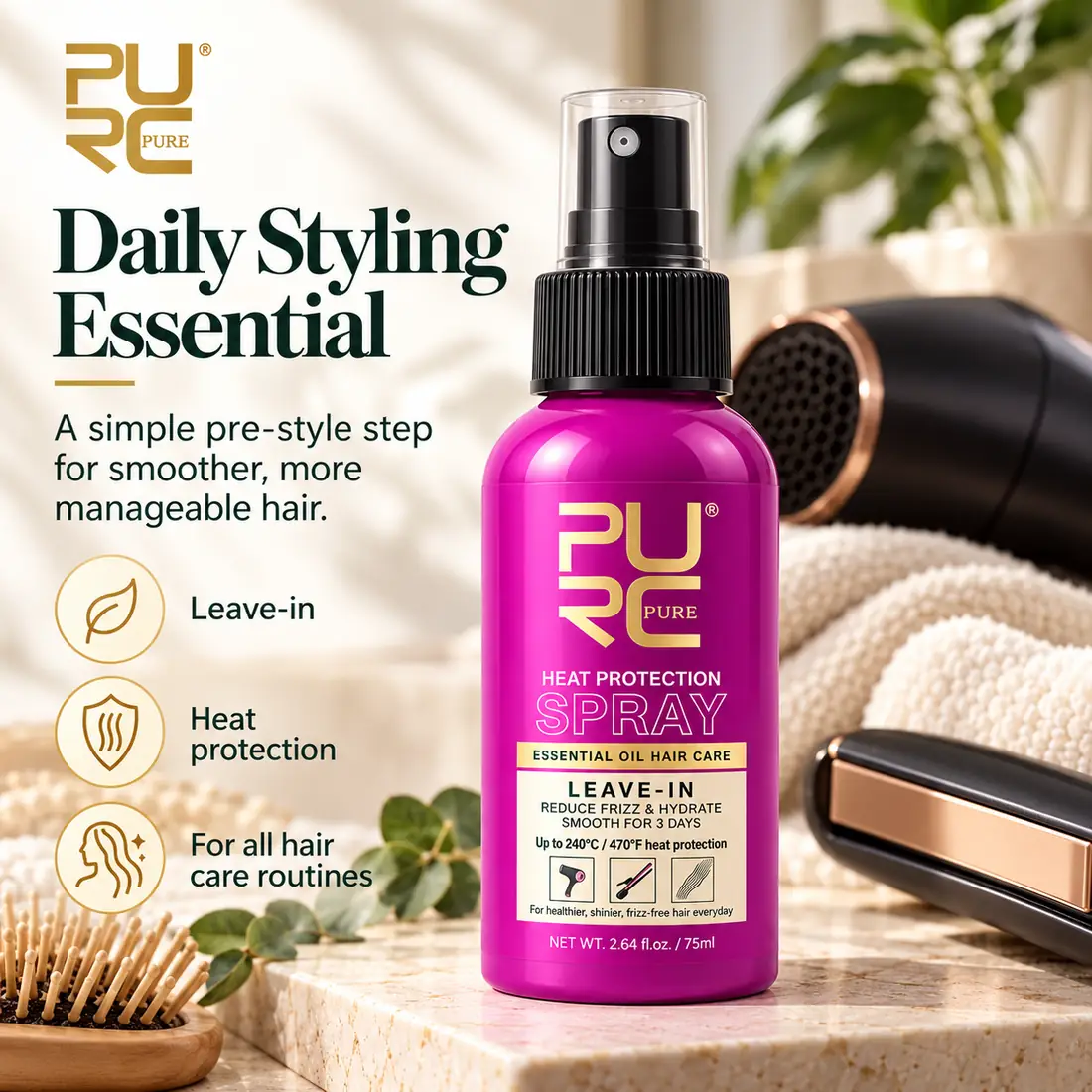 PURC Heat Protection Spray daily styling essential for smoother manageable hair