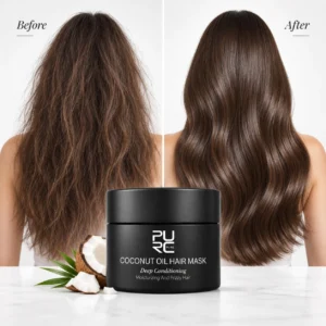 Before and after hair appearance with PURC Coconut Oil Deep Conditioning Hair Mask