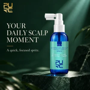 PURC scalp spray on a dark green display with daily scalp moment text