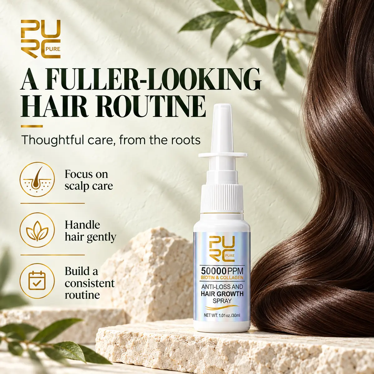 PURC Biotin and Collagen Hair Growth Spray in a fuller-looking hair care routine