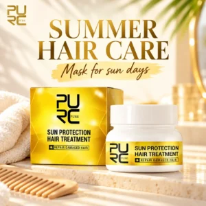 PURC Sun Protection Hair Treatment Mask summer hair care image with towel and comb