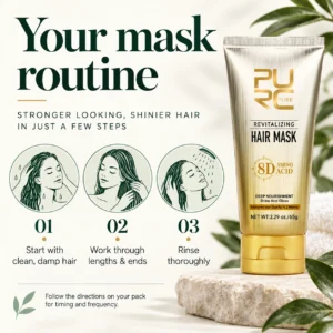 PURC hair mask application guide showing clean damp hair, application to lengths and rinsing