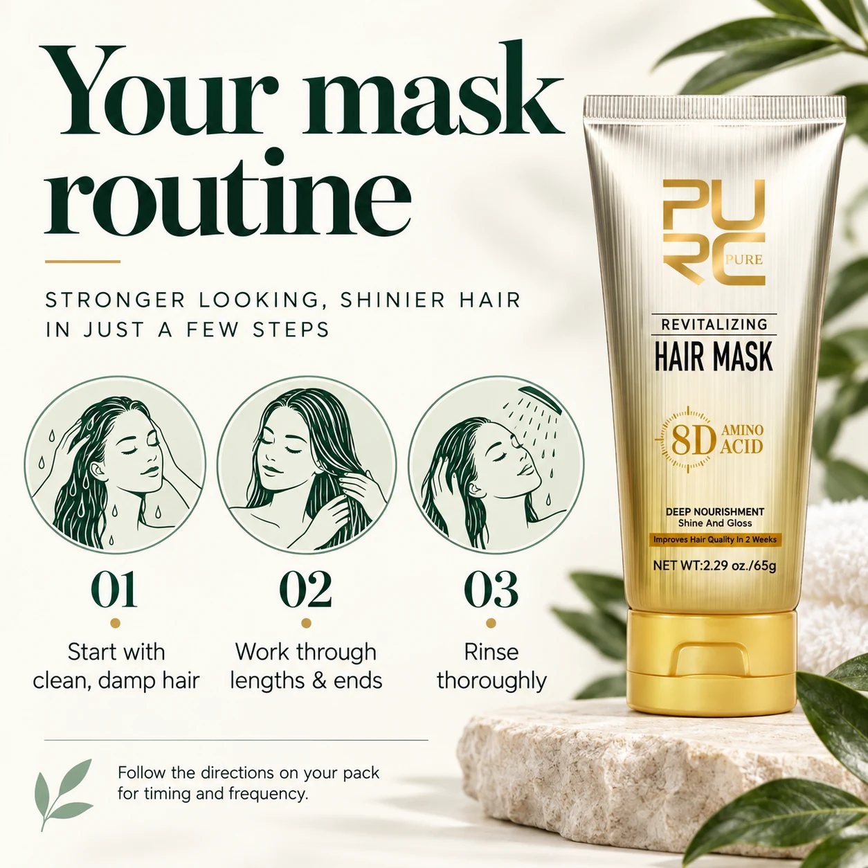 PURC hair mask application guide showing clean damp hair, application to lengths and rinsing