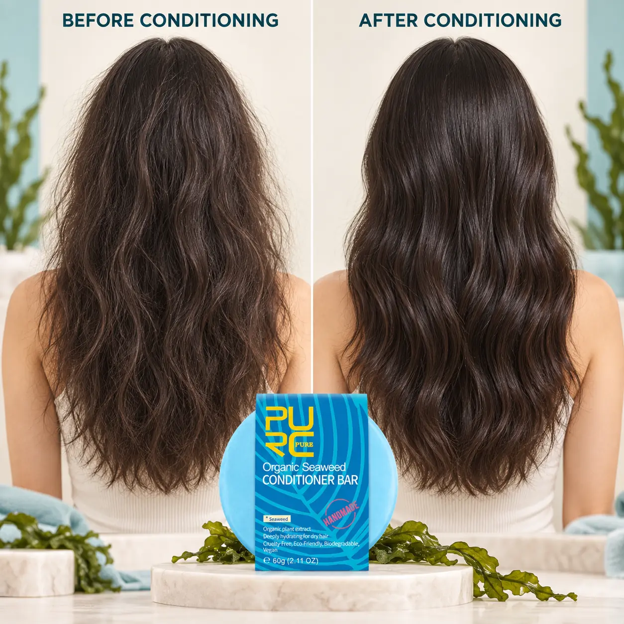 PURC Bio Seaweed Conditioner Bar before and after conditioning comparison for smoother-looking hair