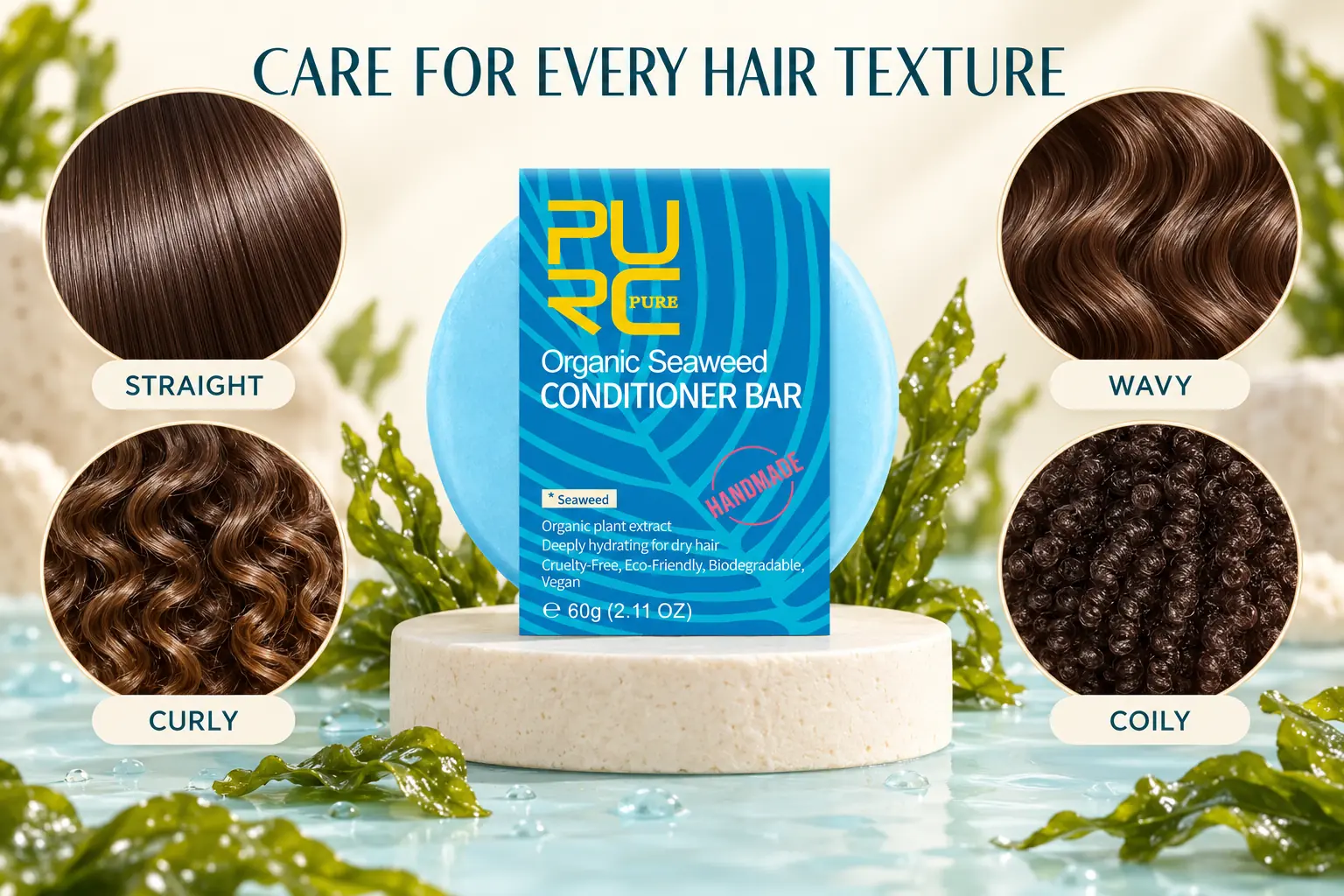 PURC Bio Seaweed Conditioner Bar for straight wavy curly and coily hair textures