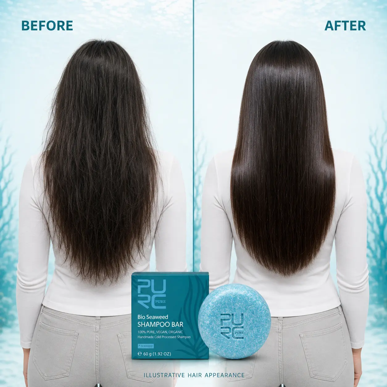 Illustrative before and after comparison of frizzy and smoother-looking hair with PURC Bio Seaweed Shampoo Bar