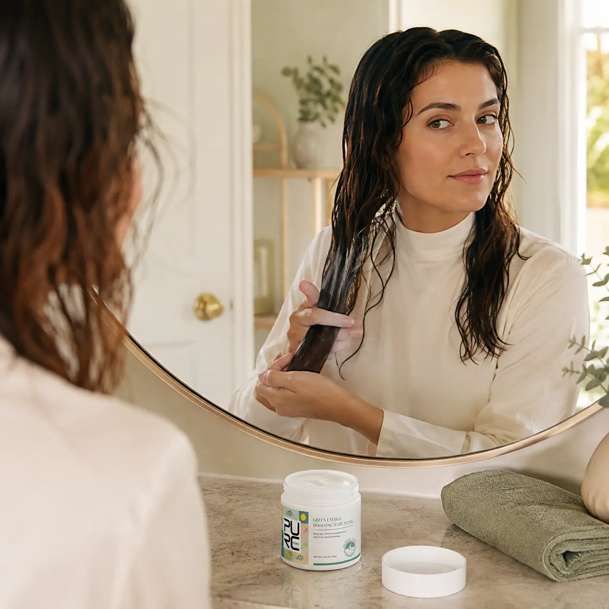 Woman applying a hair mask to damp lengths at a mirror with an open PURC jar on the vanity
