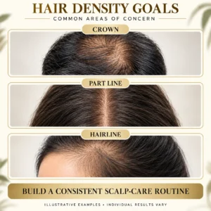 Illustrative guide showing common hair density concern areas at the crown part line and hairline