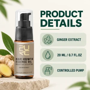 PURC Hair Growth Essence Oil product details with ginger extract and 20ml size