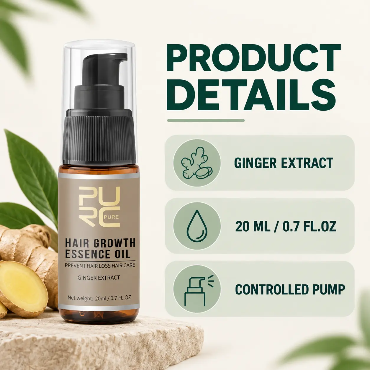 PURC Hair Growth Essence Oil product details with ginger extract and 20ml size