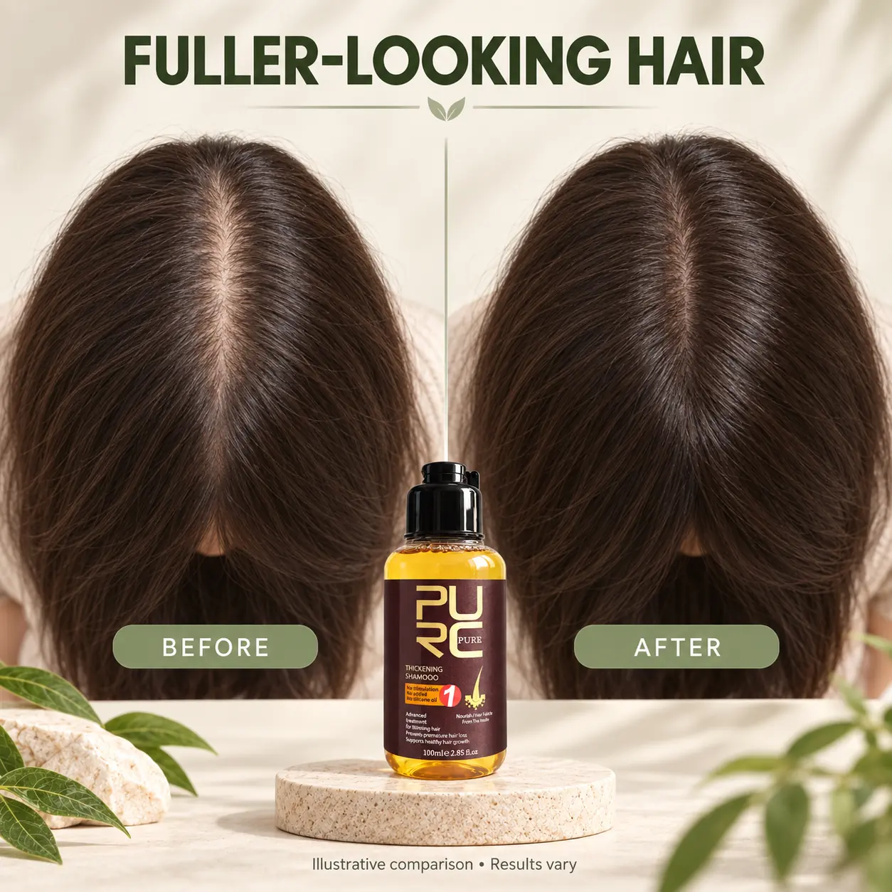 PURC Herbal Ginseng Hair Growth Shampoo illustrative before and after fuller-looking hair comparison
