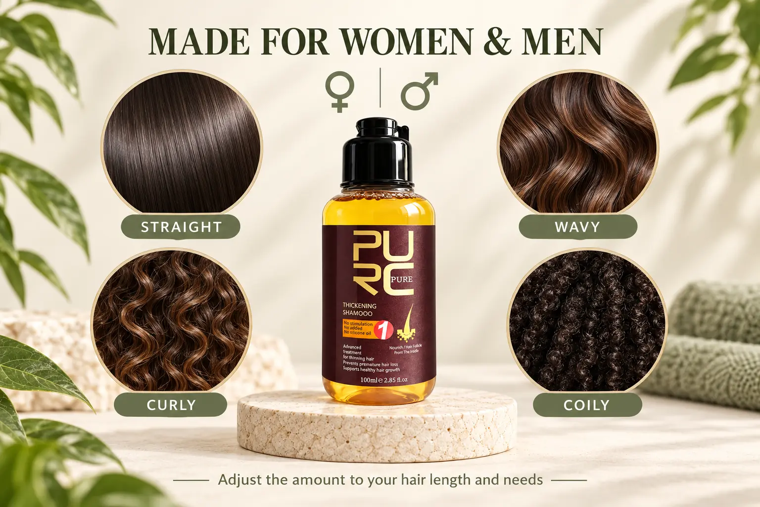 PURC Herbal Ginseng Hair Growth Shampoo for women and men with straight wavy curly and coily hair