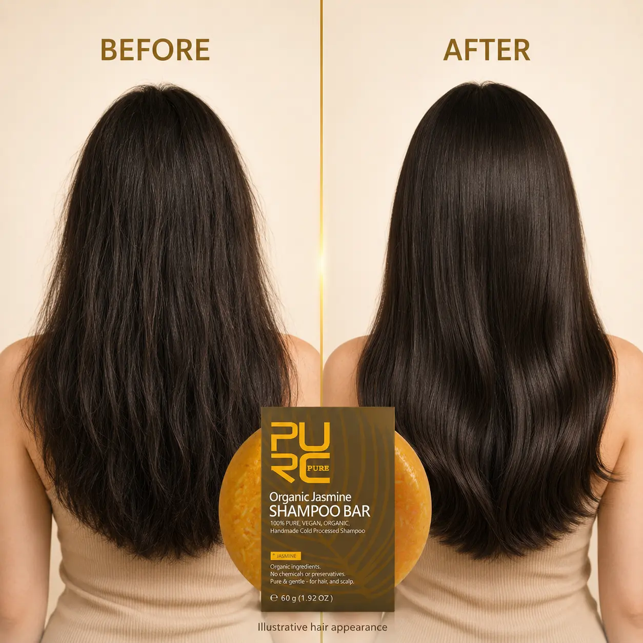 PURC Jasmine Shampoo Bar before and after hair appearance