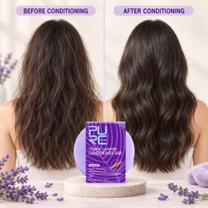 PURC Lavender Conditioner Bar before and after conditioning comparison for smoother-looking hair