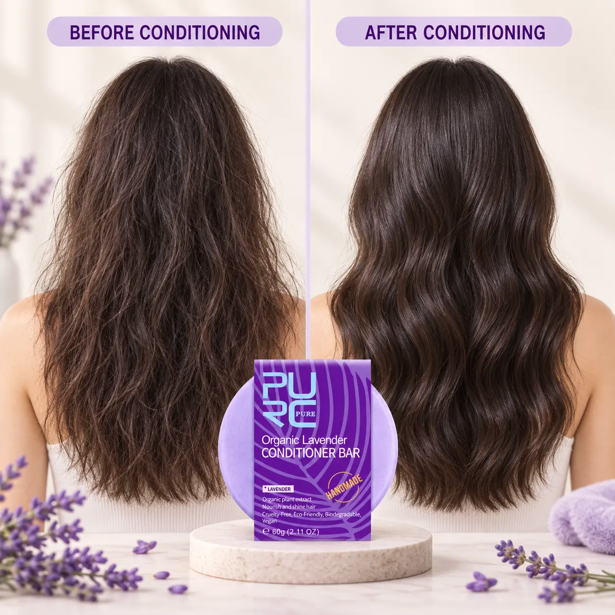 PURC Lavender Conditioner Bar before and after conditioning comparison for smoother-looking hair
