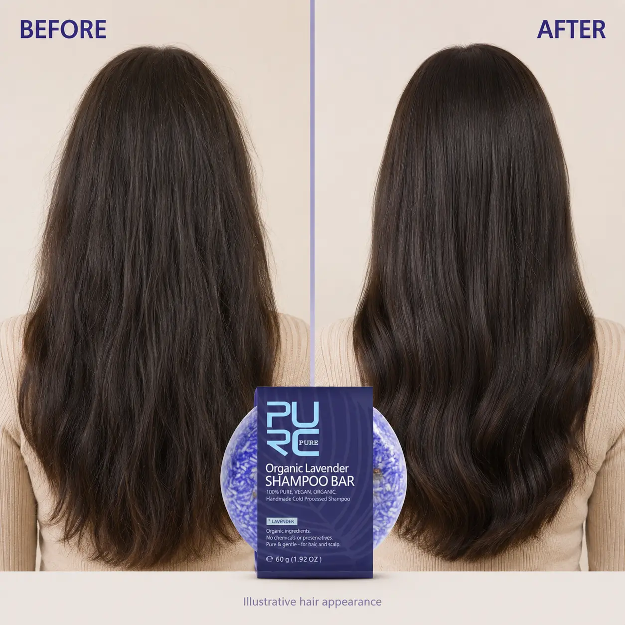 PURC Lavender Shampoo Bar before and after hair appearance