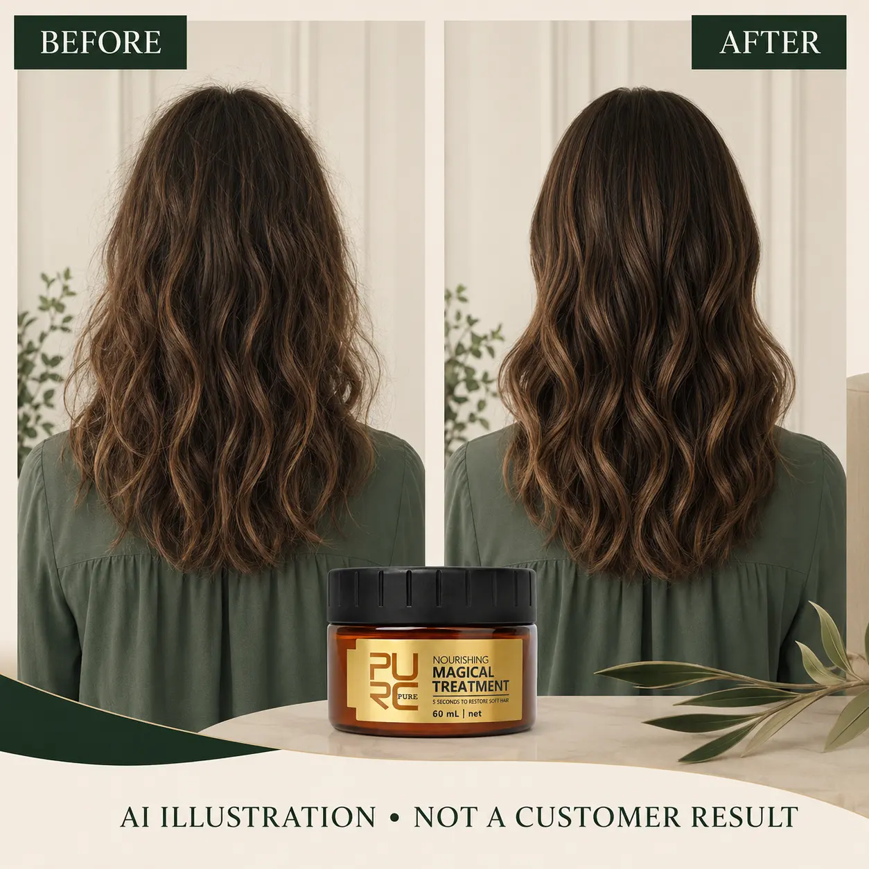 AI illustration comparing wavy hair with flyaways and a smoother finish, not a customer result