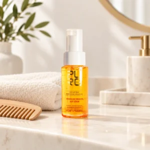 PURC Moroccan Argan Oil Hair Serum front bottle with towel and wooden comb