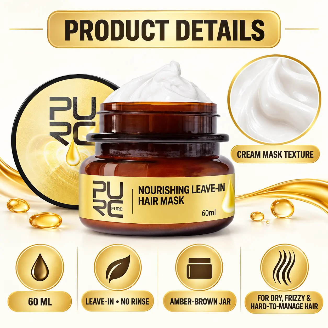 PURC Nourishing Leave-In Hair Mask product details showing 60 ml jar and cream texture