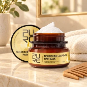 PURC Nourishing Leave-In Hair Mask with towel and wooden comb on a bathroom vanity