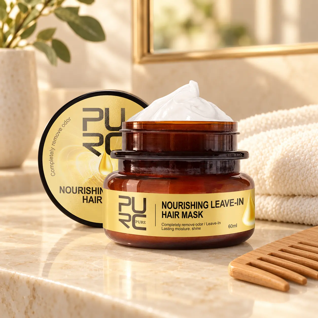 PURC Nourishing Leave-In Hair Mask with towel and wooden comb on a bathroom vanity