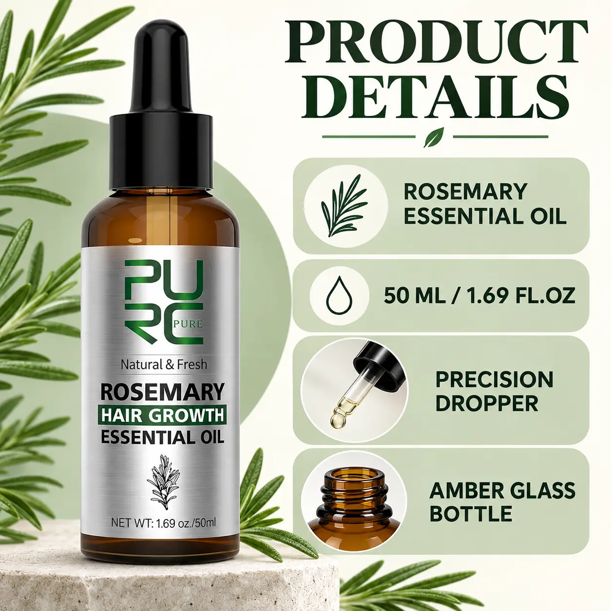 PURC Rosemary Essential Oil product details showing 50 ml amber bottle and precision dropper