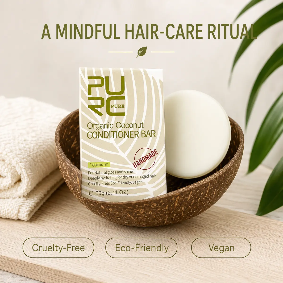 PURC vegan and eco-friendly coconut conditioner bar in coconut dish