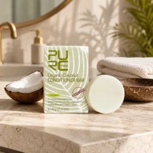 PURC coconut conditioner bar in a premium sunlit bathroom setting