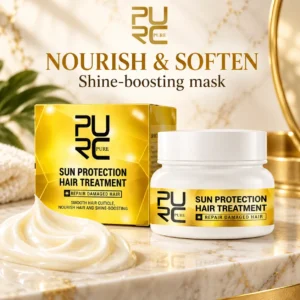 PURC Sun Protection Hair Treatment Mask with nourishing cream texture and shine boosting mask text
