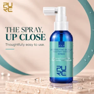 Close-up of PURC scalp spray bottle and white nozzle on a soft pink background
