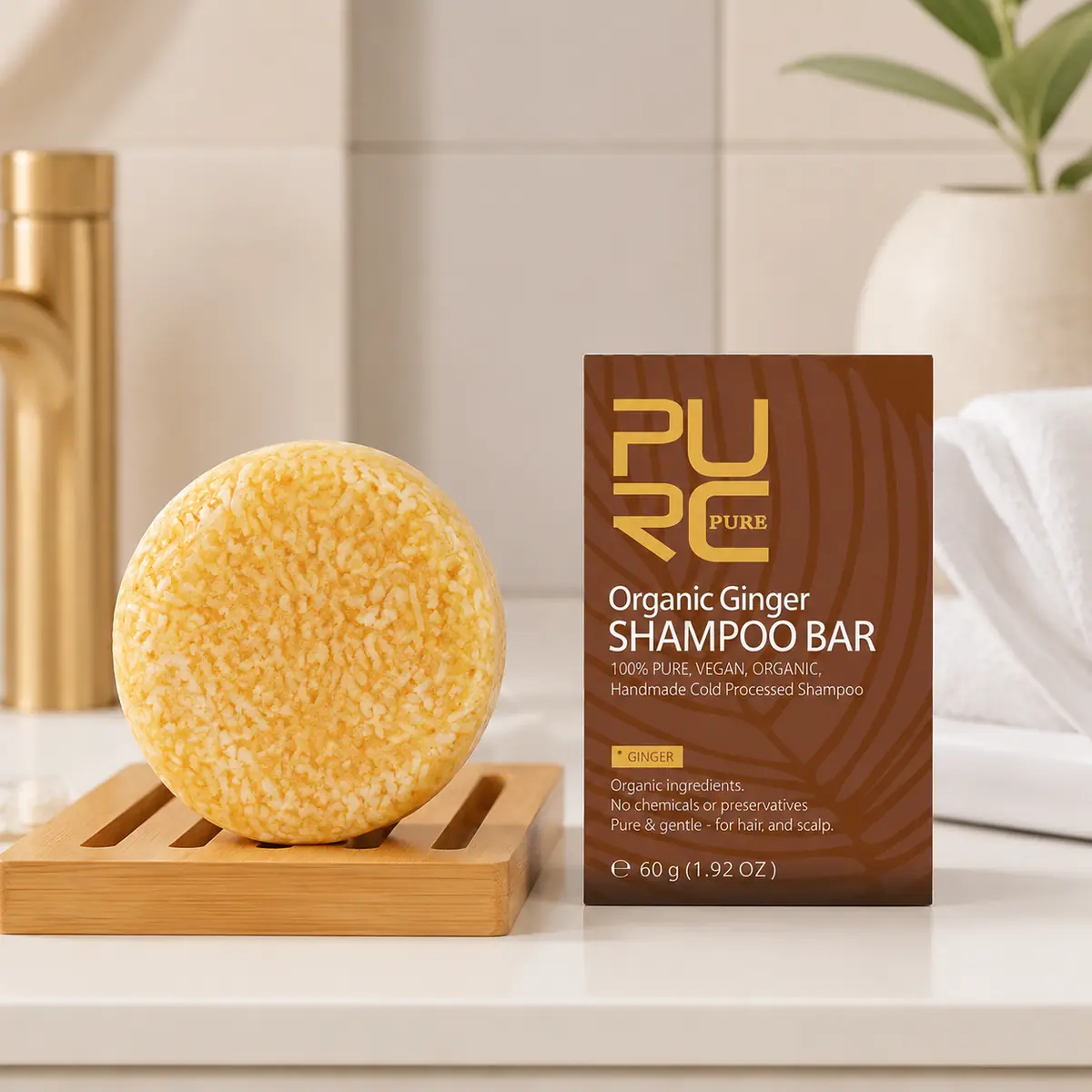 PURC Ginger shampoo bar on draining soap dish