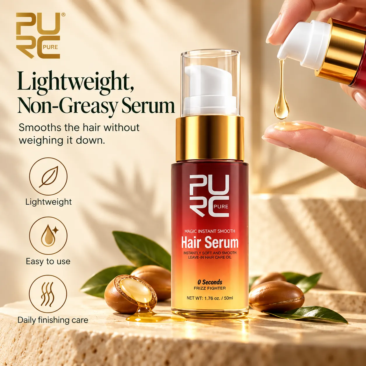PURC Hair Smoothing Serum lightweight finishing serum for frizz control and shine