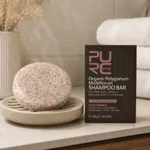 PURC Polygonum shampoo bar on draining soap dish