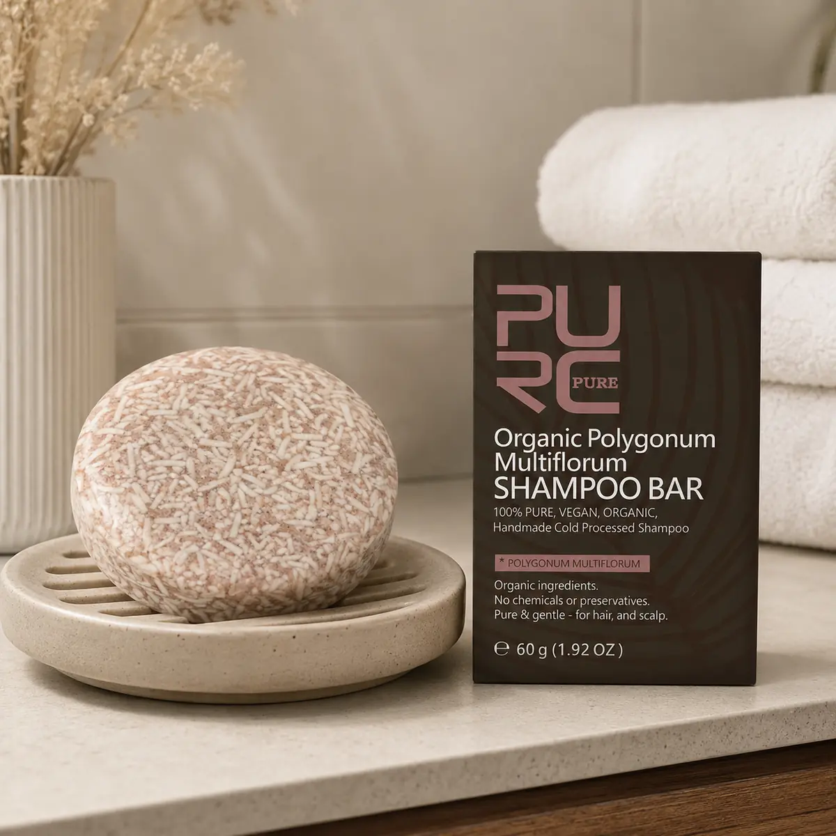 PURC Polygonum shampoo bar on draining soap dish