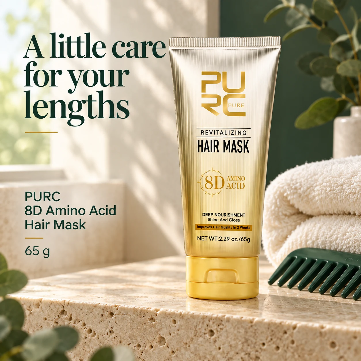 PURC 8D Amino Acid Hair Mask beside an ivory towel and green wide-tooth comb