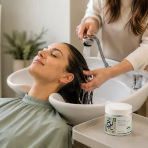 Stylist rinsing PURC Green Energy Boosting Hair Mask from wet hair at a salon basin