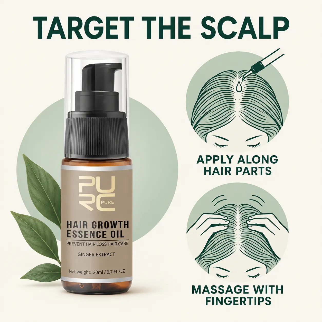 How to apply PURC Hair Growth Essence Oil along hair parts and massage the scalp