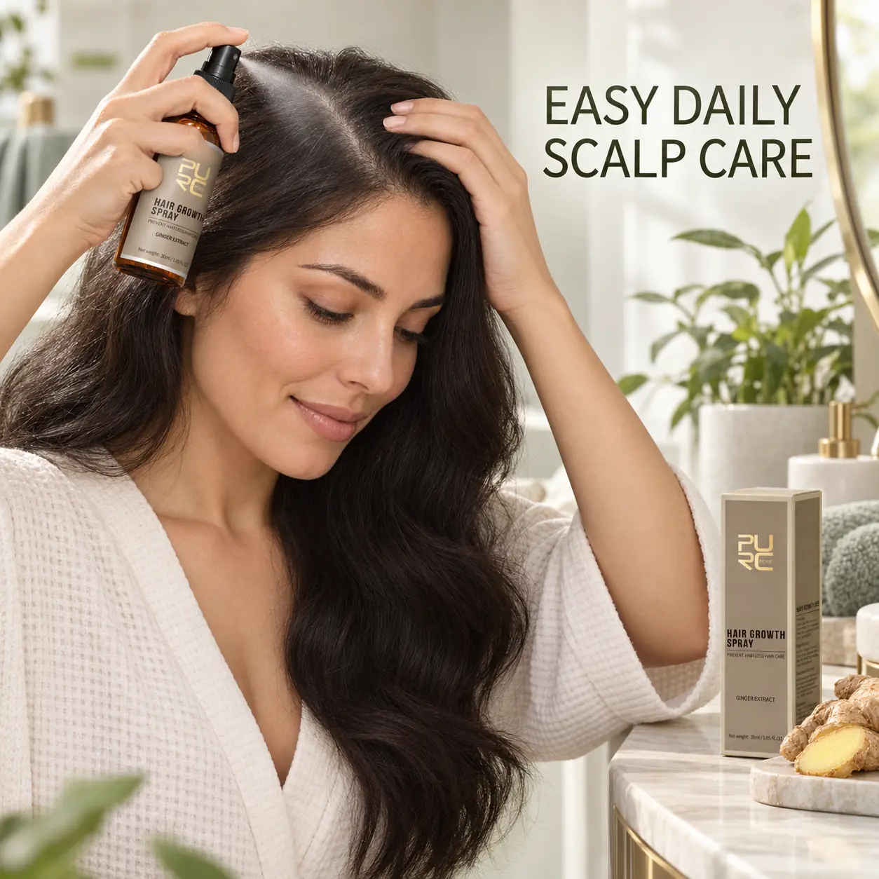 Woman applying PURC Hair Growth Spray directly to her scalp during daily hair care