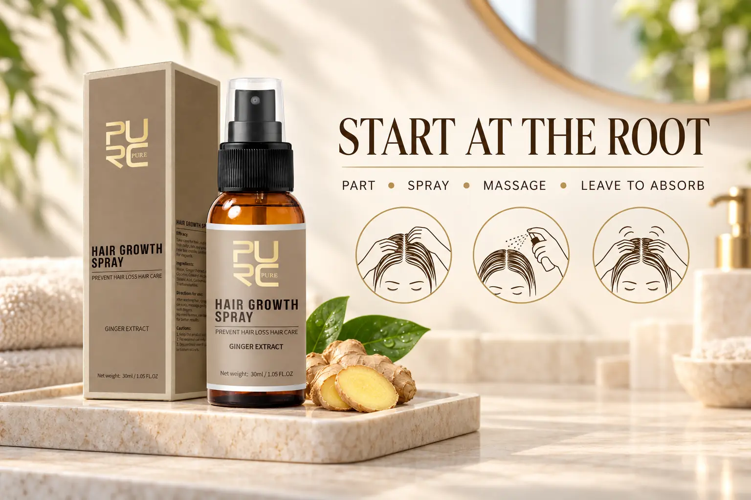 PURC Hair Growth Spray daily routine showing part spray massage and leave to absorb