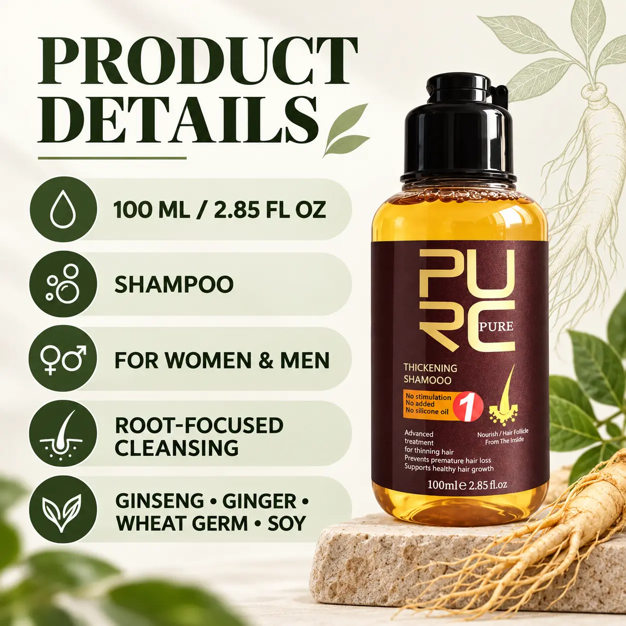 PURC Herbal Ginseng Hair Growth Shampoo 100ml product facts and botanical ingredients