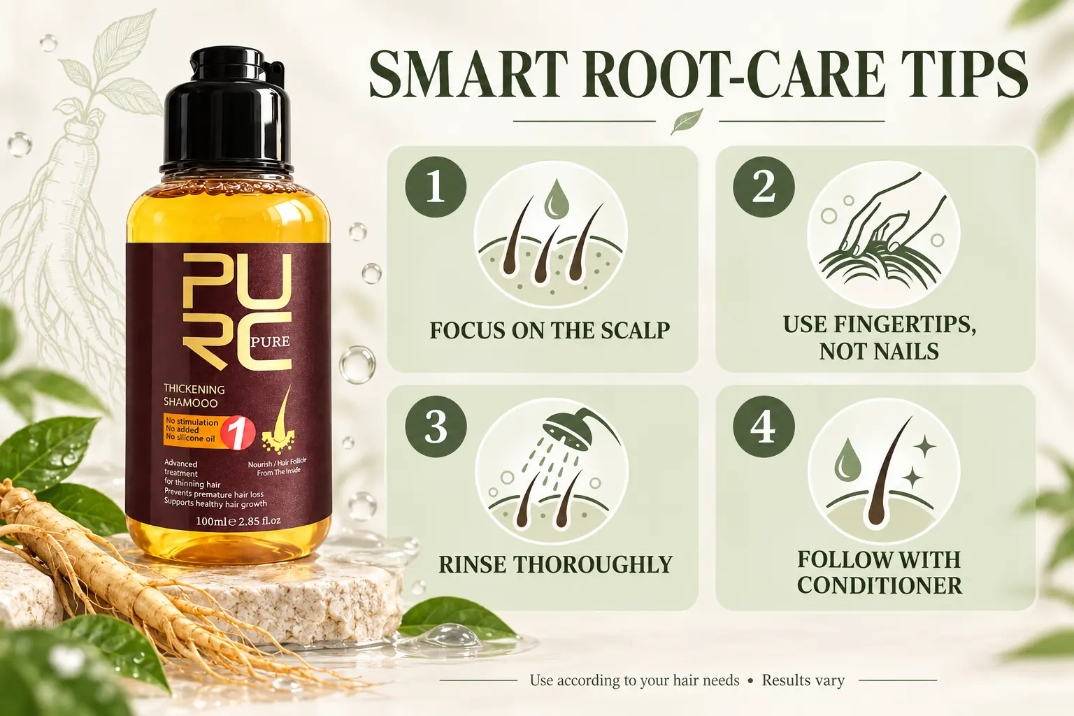 PURC Herbal Ginseng Hair Growth Shampoo smart root-care application and rinsing tips