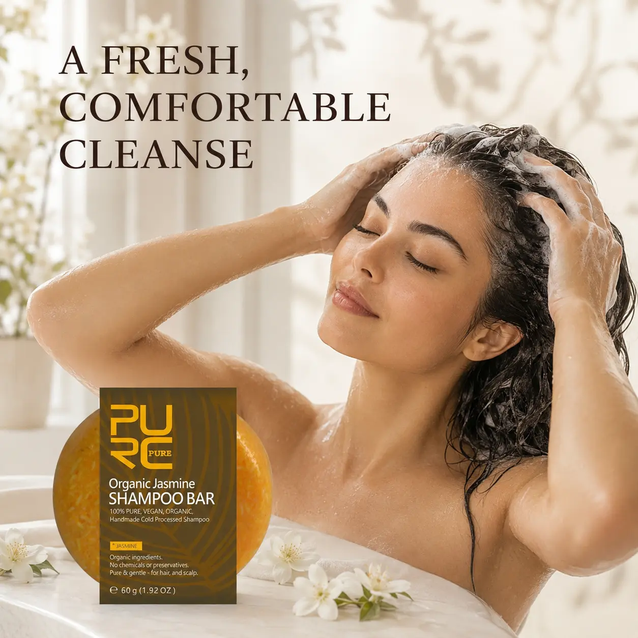 Woman using PURC Jasmine Shampoo Bar for a gentle scalp cleanse