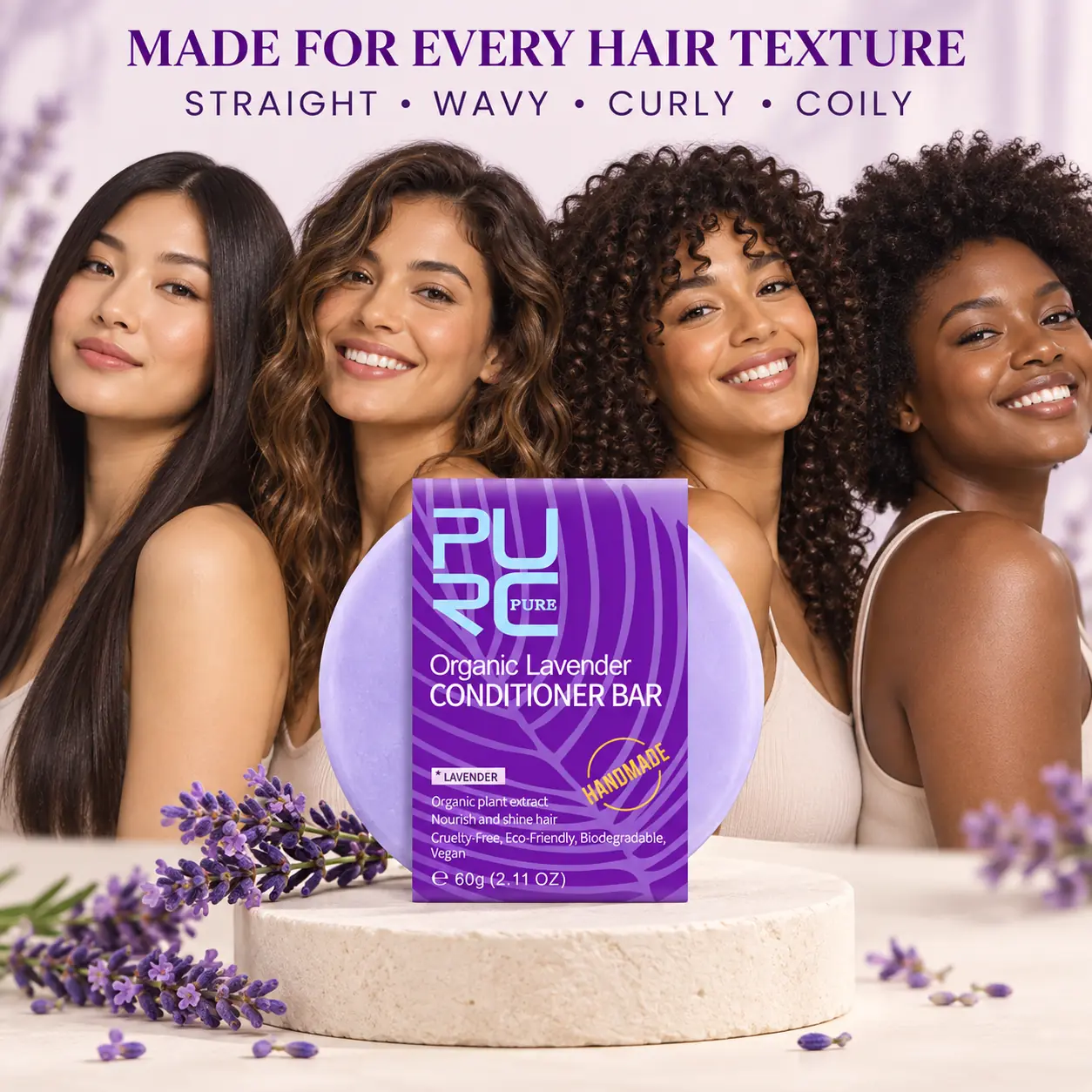 PURC Lavender Conditioner Bar for straight wavy curly and coily hair textures