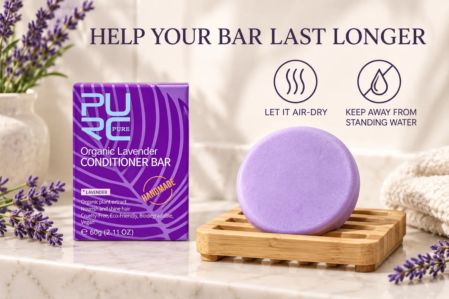 How to air-dry and store PURC Lavender Conditioner Bar away from standing water