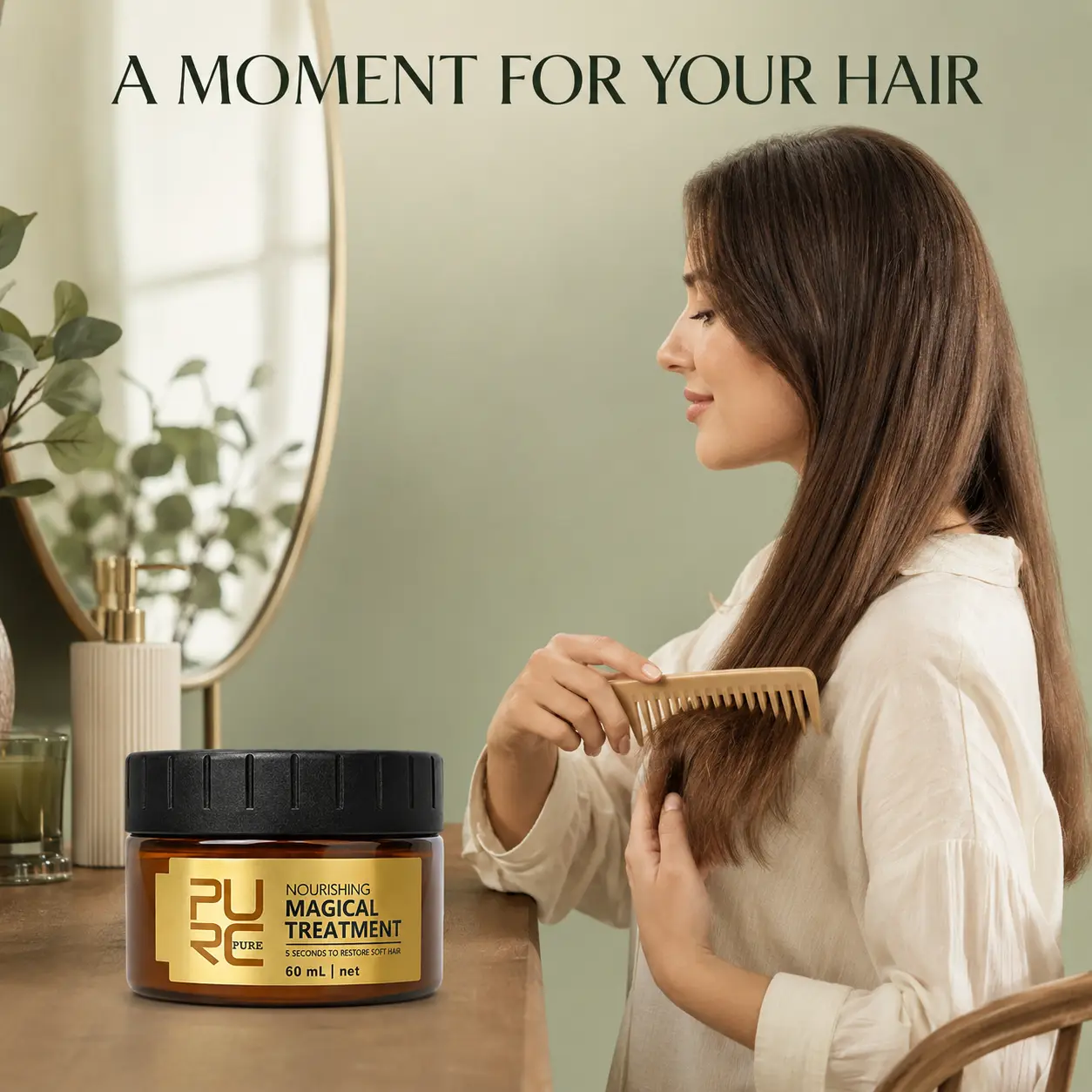 Woman gently combing her hair ends beside a PURC Magical Treatment Hair Mask jar