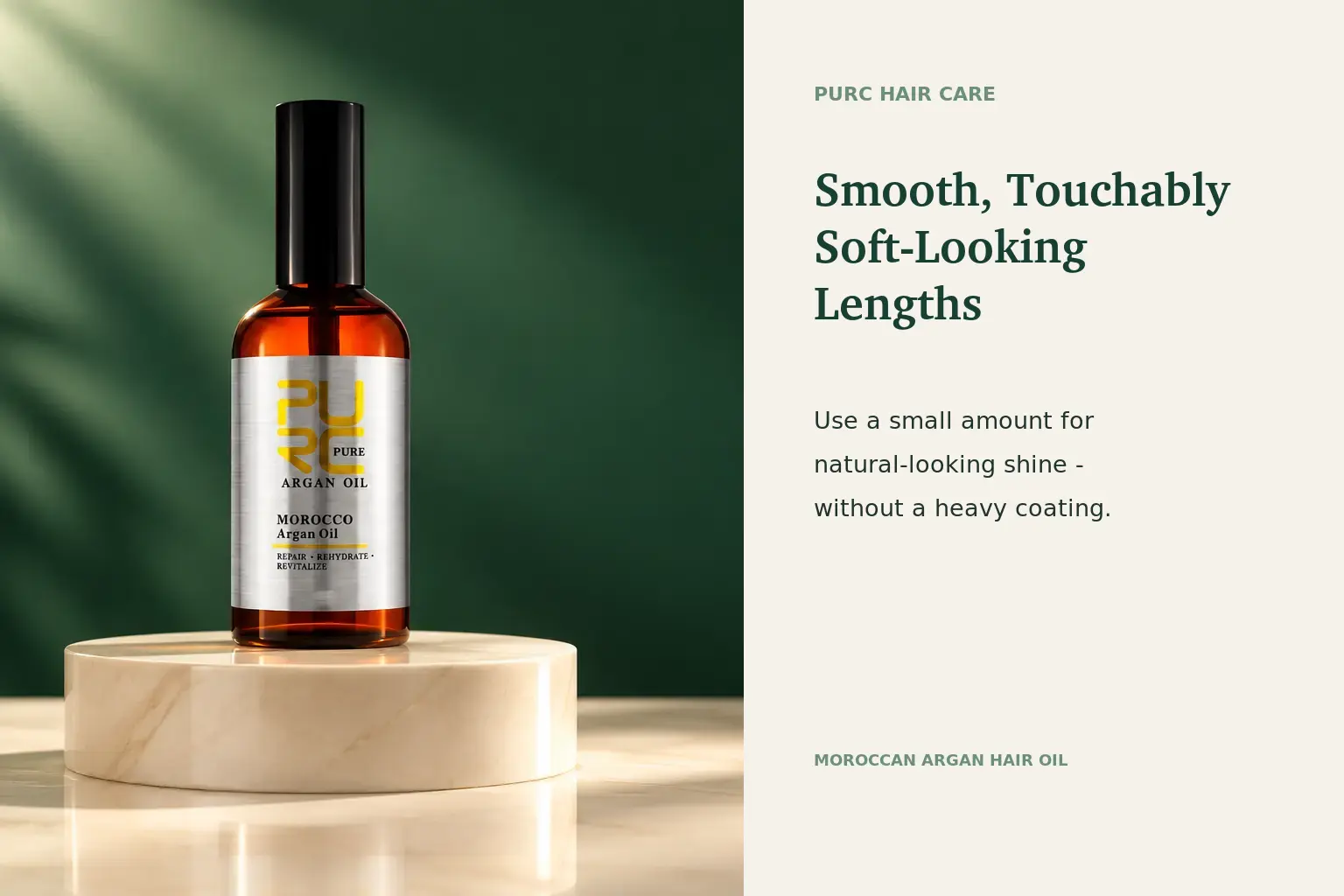 PURC Moroccan Argan Hair Oil banner showing smooth touchably soft-looking lengths with the product bottle