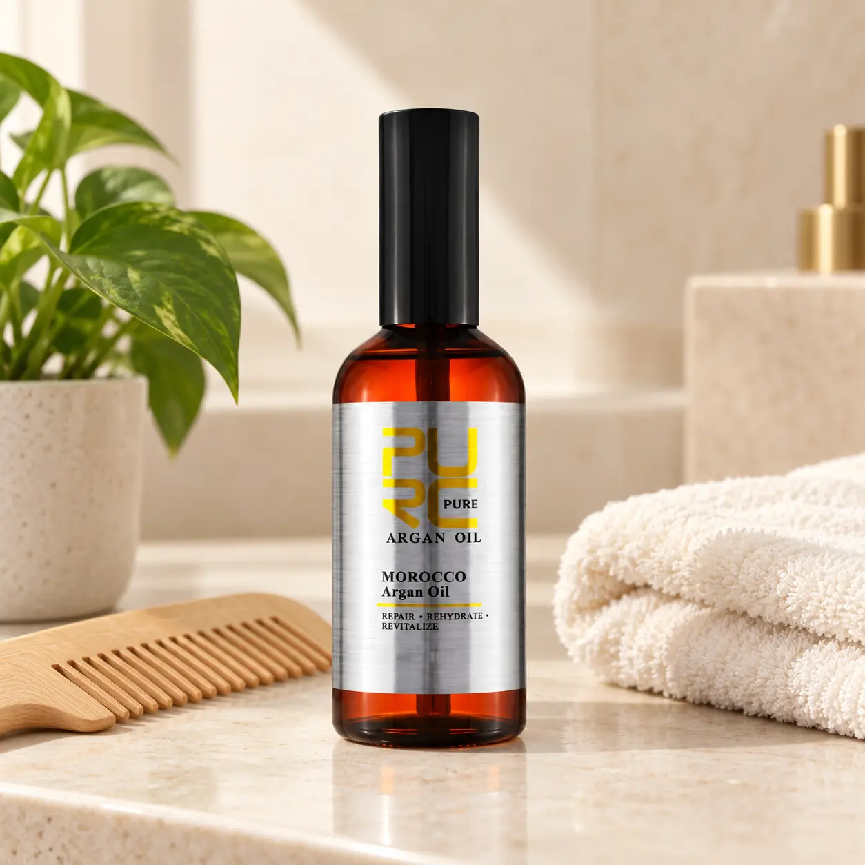 PURC Moroccan Argan Hair Oil bottle on a premium bathroom vanity with a wood comb
