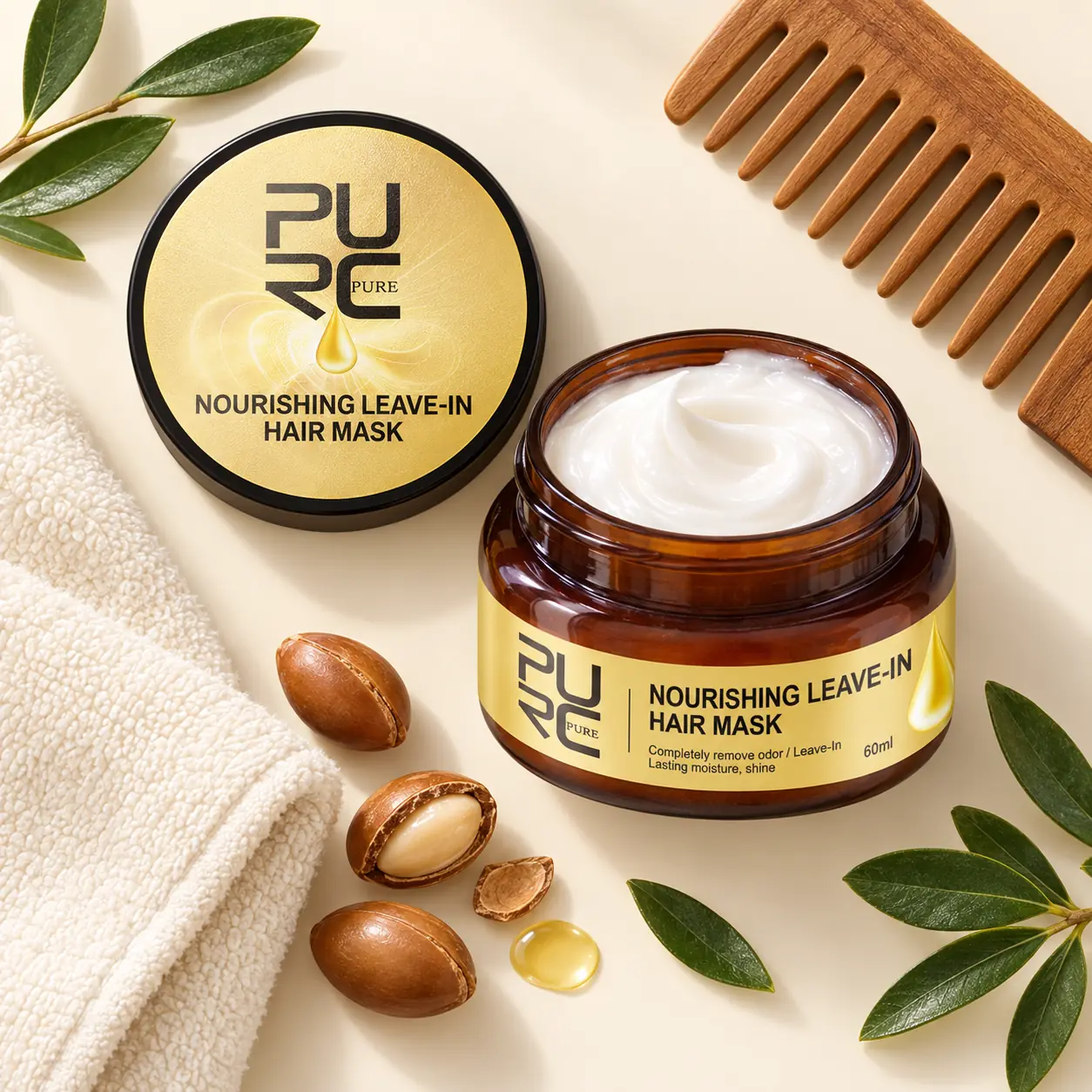 PURC Nourishing Leave-In Hair Mask flat lay with cream, argan kernels, towel and comb