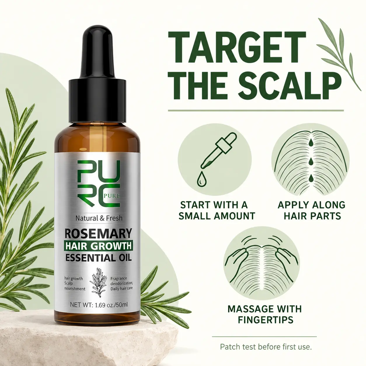 PURC rosemary oil targeted scalp application guide for hair parts and gentle fingertip massage